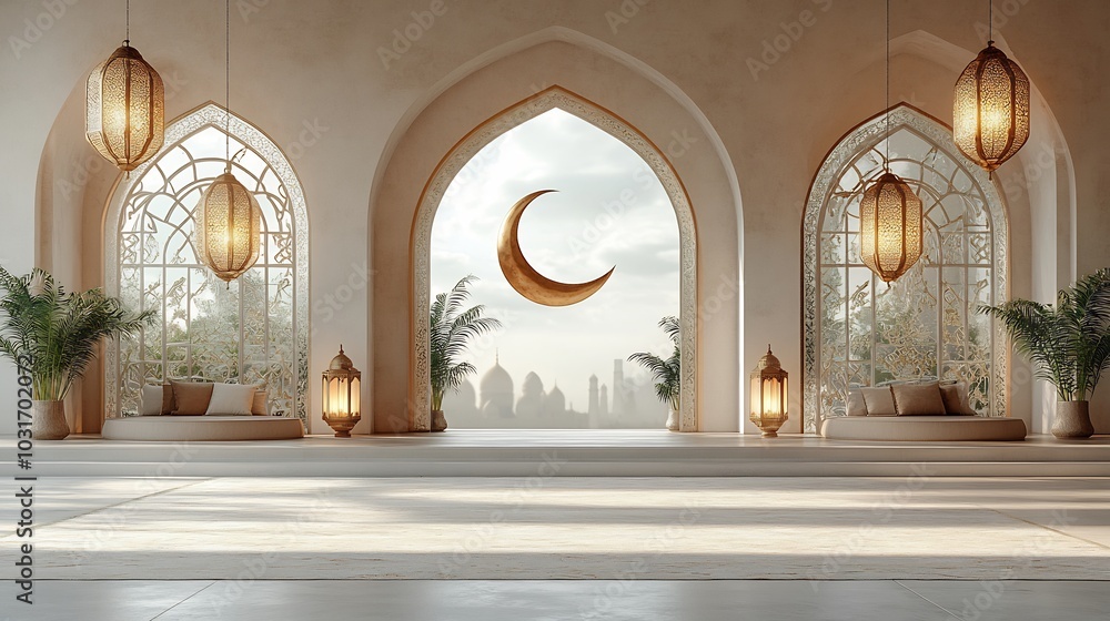 Poster ramadan kareem card an intricate 3d islamic archway hanging lanterns and a crescent moon with ample 