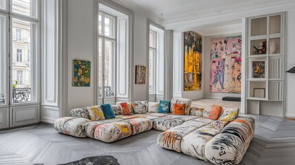 Elegant Modern Living Room with Artistic Decor and Large Windows