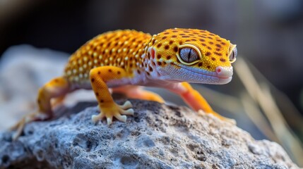 Obraz premium Close-up of a Vibrant Leopard Gecko in Natural Habitat