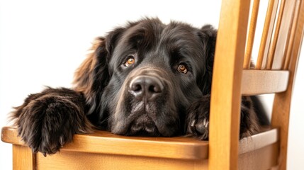 Obraz premium A dog resting its head on a wooden chair, looking curiously at the viewer.