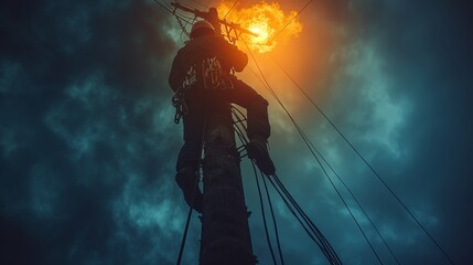 As a storm brews, a technician ascends a utility pole, determined to address the electrical issues caused by the tumultuous weather, illuminated by a flickering flame