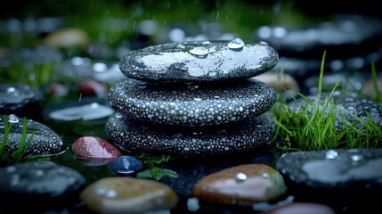 Stacked Stones with Rain Drops and Green Grass in Nature
