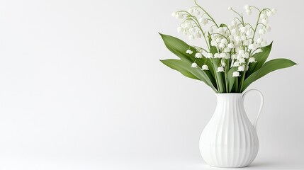 A white vase with a bouquet of lily of the valley flowers on a white background, leaving plenty of copy space.