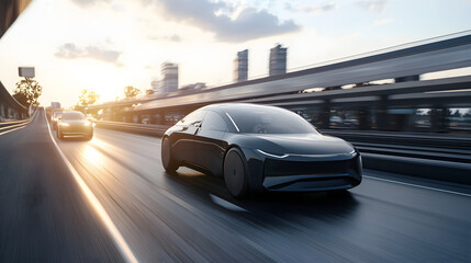 An electric car driving autonomously on a smart highway with AI-driven traffic management.