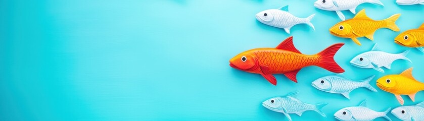 Fototapeta premium A vibrant red fish swimming with a school of yellow and white fish against a teal background.