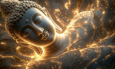 Fototapeta premium Golden Buddha statue glowing in light.