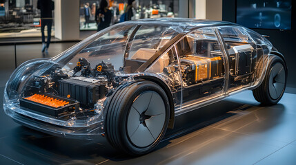 Obraz premium An electric car with a transparent body showcasing its internal components and battery system at an exhibition.