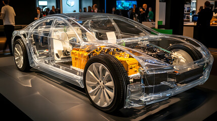Obraz premium An electric car with a transparent body showcasing its internal components and battery system at an exhibition.