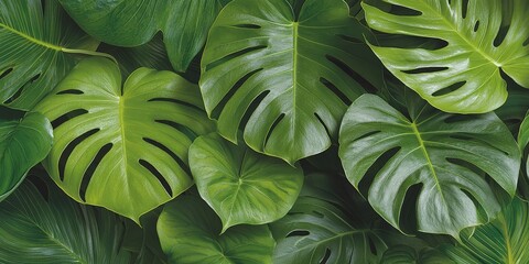 Fototapeta premium Lush Green Monstera Leaves Tropical Background Texture