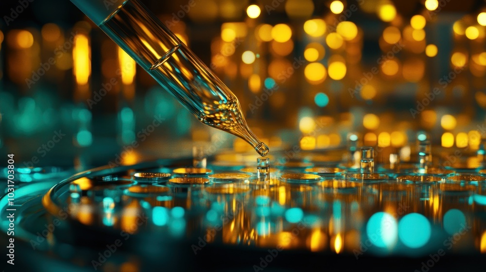 Poster dropper dispensing liquid onto a multi-well plate in a lab setting