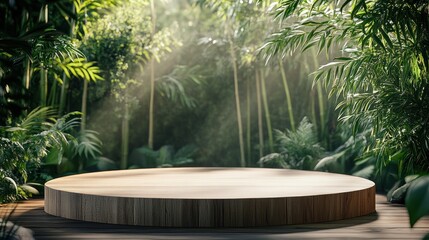 A circular wooden platform surrounded by lush greenery and soft light beams in a serene environment.