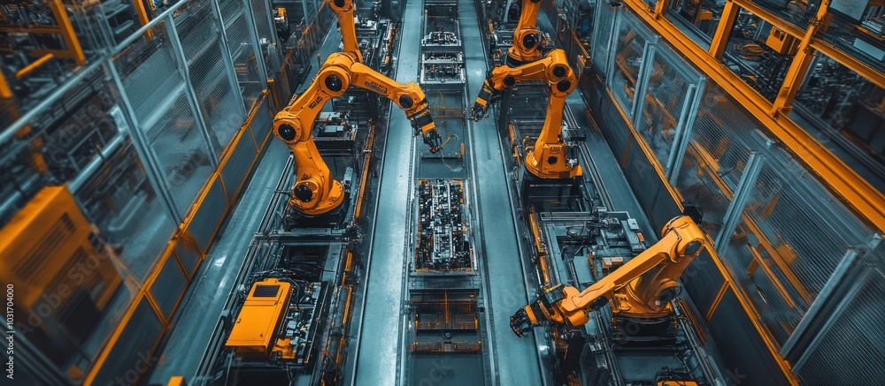 Aufkleber multiple yellow robotic arms working on an assembly line in a factory.