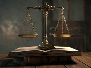 image features classic scale of justice balanced on open law textbook, symbolizing pursuit of legal knowledge and fairness. warm lighting adds sense of seriousness and depth to scene