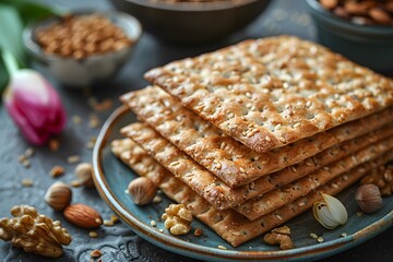 Stack of Crunchy Seeded Crackers with Nuts and Tulip for Gourmet Snack Presentation