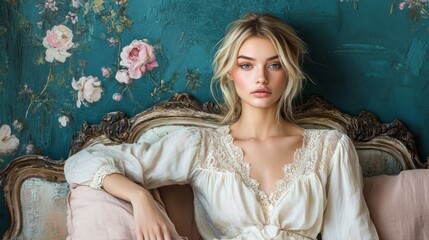 Fototapeta premium Beautiful Woman in White Lace Dress Posing on Ornate Couch with Floral Wallpaper