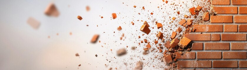 Obraz premium A wall breaking apart, showcasing flying bricks and fragments on a white isolated background.
