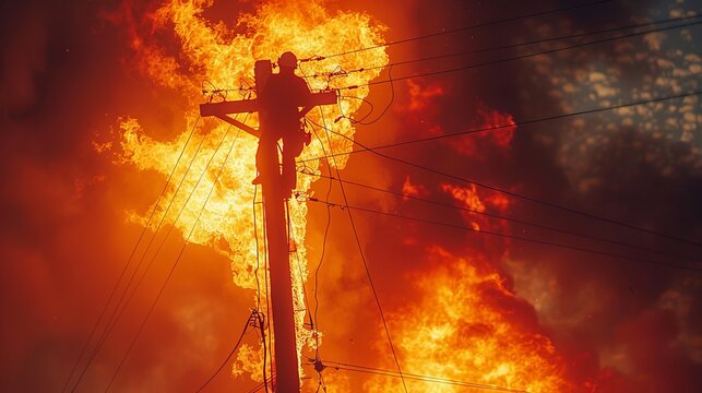 A brave firefighter scales a utility pole amidst raging flames, battling a devastating wildfire that threatens the nearby landscape and community