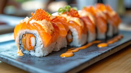 Delicious Salmon Sushi Rolls with Spicy Sauce and Tobiko   Japanese Cuisine