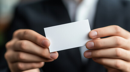 Obraz premium Businessman holding blank card.