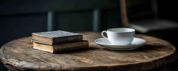 Wood table adorned with vintage books and a charming tea set, featuring space for personalized text on the right.