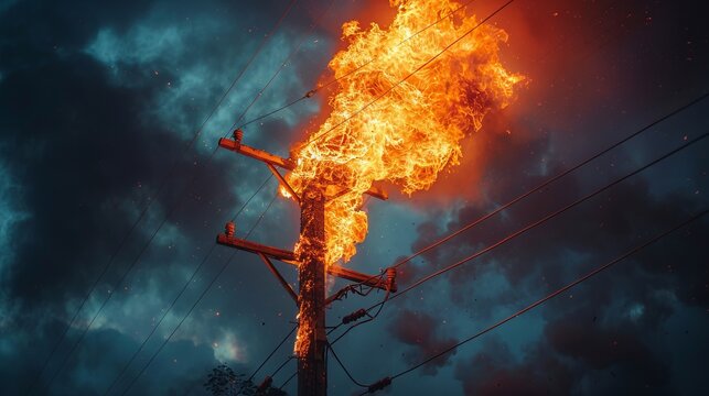 Flames erupt from a utility pole amidst dark, swirling clouds, creating a striking contrast in the night sky while rain begins to fall heavily around it