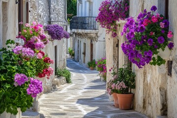 A picturesque alley adorned with vibrant flowers in pots, showcasing charming architecture.