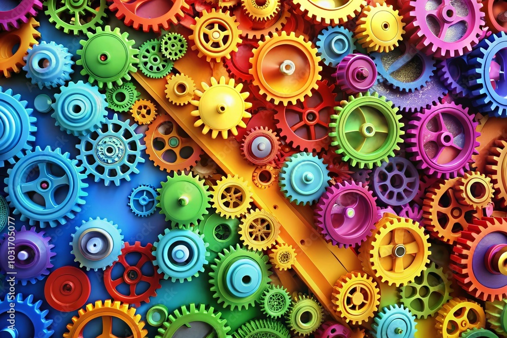 Poster technology abstract background with rainbow gearwheels for teamwork and automation concepts