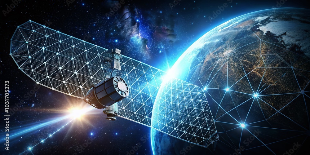 Aufkleber technology background with communications satellite in space - wireframe vector art