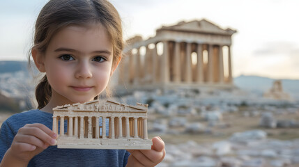 A child holding up a toy model of the Parthenon in front of the real ruins capturing the excitement of seeing history come alive.
