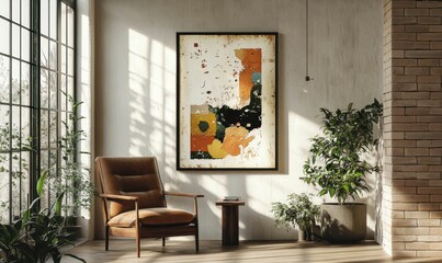 Modern living room with plants and abstract art.