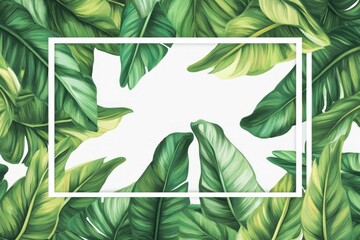 A vibrant arrangement of green leaves with a blank frame for text or design purposes.