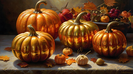 pumpkins and autumn leaves, ai generated