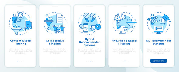 Recommendation systems types blue onboarding mobile app screen. Walkthrough 5 steps editable graphic instructions with linear concepts. UI, UX, GUI template. Montserrat SemiBold, Regular fonts used