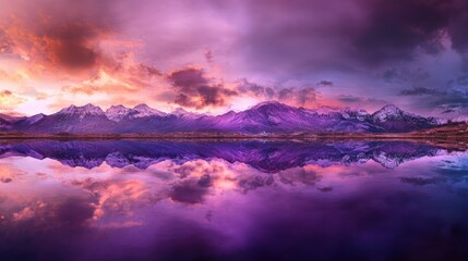 Obraz premium Purple Mountain Range Reflecting in a Still Lake at Sunset