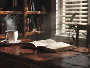 Obraz premium cozy wooden desk features open notebook and steaming cup of coffee, creating warm and inviting atmosphere perfect for reading or studying