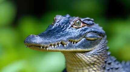 Fototapeta premium Closeup of a Young Crocodile with Sharp Teeth and Green Eyes in a Lush Green Environment