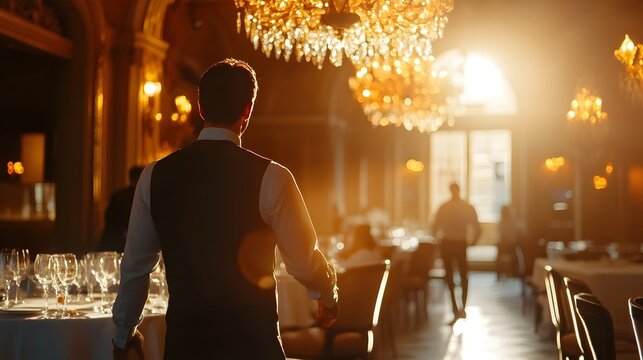 Graceful Matre d  Guiding Guests in Luxurious Restaurant Under Glowing Chandeliers