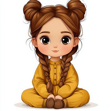 recommend clip art: Cute Cartoon Girl with Brown Hair and Yellow Jumpsuit