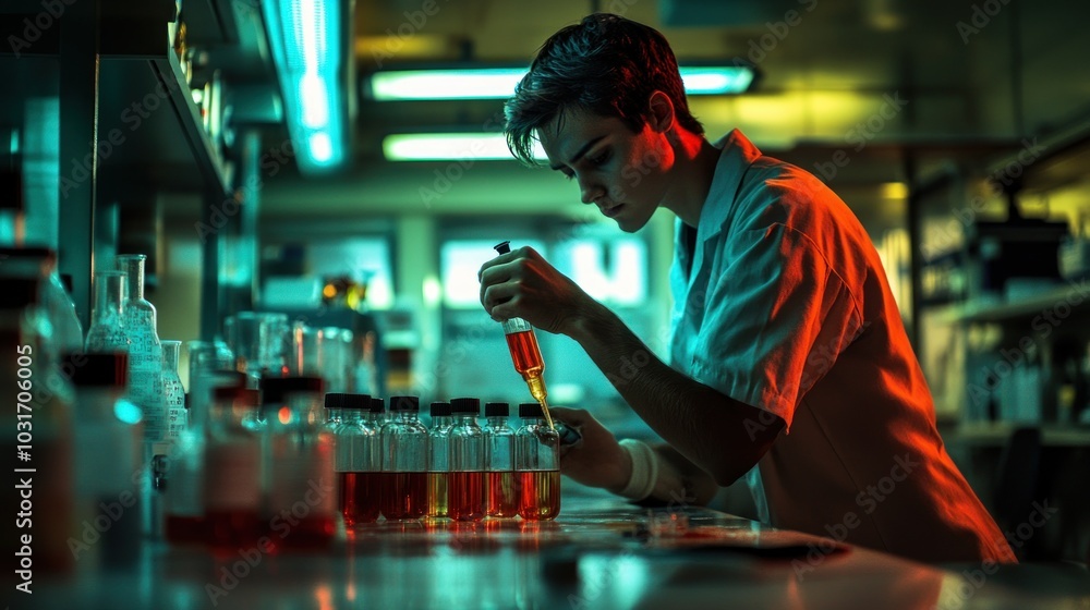 Poster a scientist working in a laboratory with chemical solutions