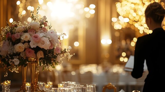 Elegant Wedding Planner Coordinating Final Touches for Lavish Ballroom Reception