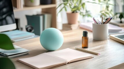 A calming toolkit on a desk, including items like a stress ball, lavender essential oil, and a mindfulness journal, designed to help with anxiety relief.