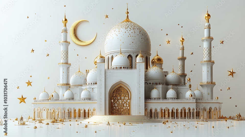 Poster ramadan kareem design a 3d mosque dome crescent moon and stars with open space for personalized text