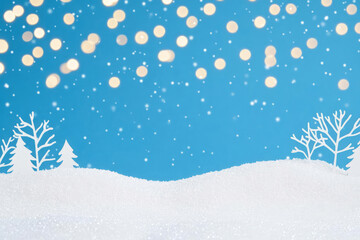 serene winter scene featuring soft layer of snow, delicate trees, and dreamy blue background with sparkling lights. This tranquil setting evokes sense of peace and wonder