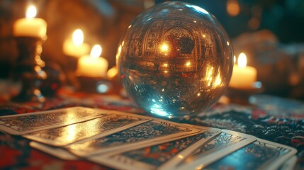 Fototapeta premium Crystal Ball Tarot Cards Candles Fortune Telling Mysticism Magic Occult Fortune Fu
