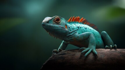 A captivating fantasy reptile with a vibrant blue body and an orange crest, perched on a branch against a green background. The lizard's piercing gaze, textured scales, and sharp claws evoke a sense o