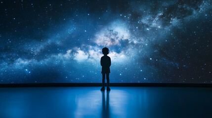 A child standing in a large planetarium looking up in awe at a projection of the Milky Way galaxy.