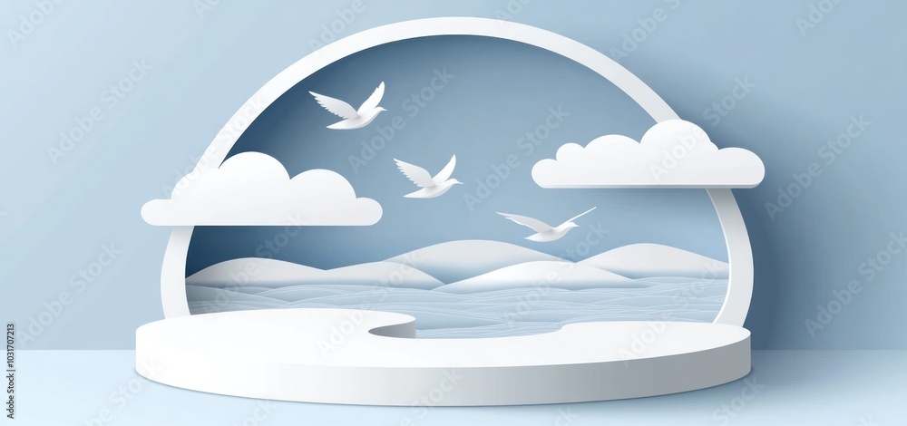 Wall mural A minimalist landscape featuring paper-cut style mountains, clouds, and birds in a serene setting.