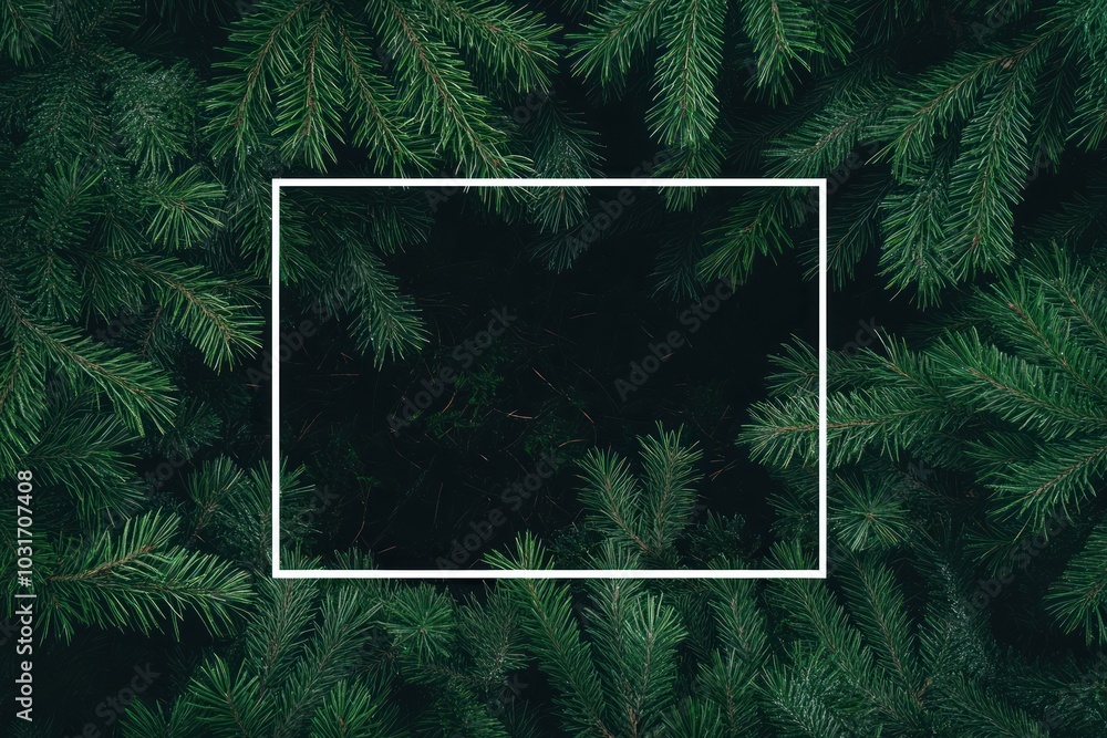 Poster a top-down view of dense evergreen foliage with a blank rectangular frame in the center.