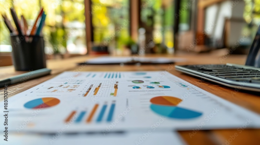 Poster business data analysis charts and graphs on desk