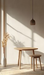 144. A simple table with natural wood finish and empty space